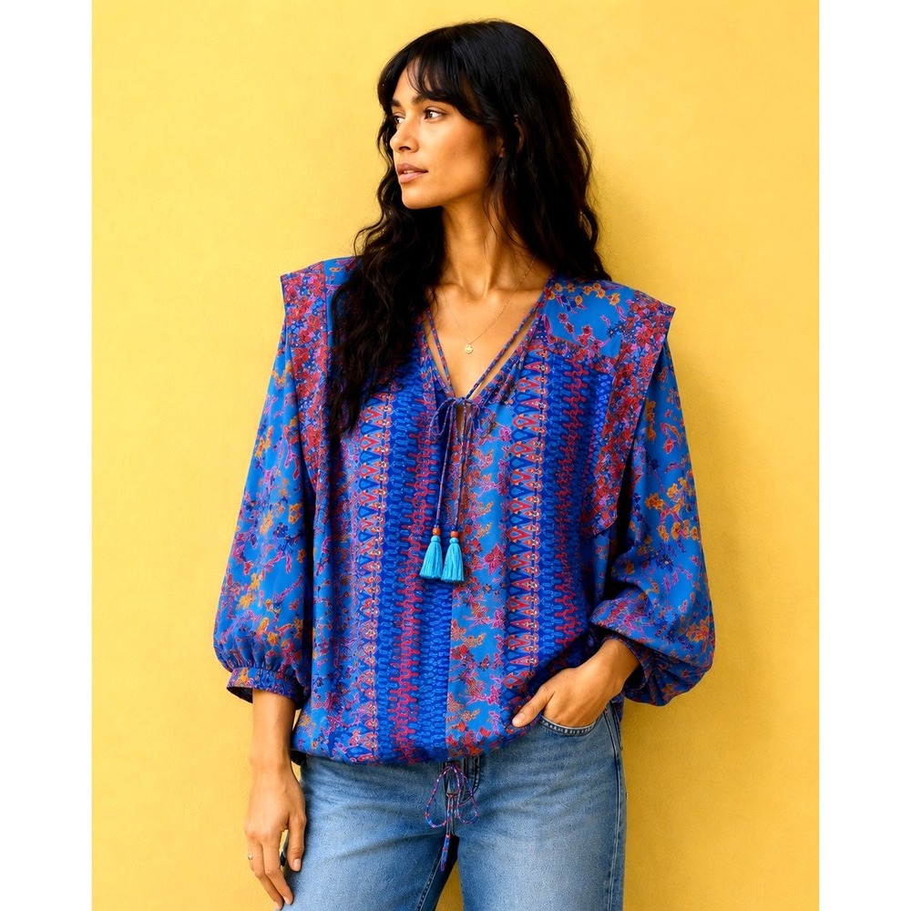 Vintage Diane Freis Blue Top Boho Size Medium 80s Blouse Women's